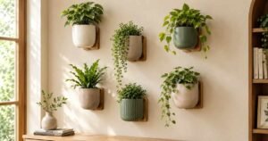 Wall decor ideas featuring modern wall planters with lush indoor plants on a neutral wall.