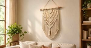Wall decor ideas featuring a boho macramé tapestry above a cozy neutral sofa.