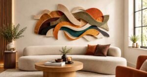 Wall decor ideas featuring colorful sculptural wall art above a cozy modern sofa.