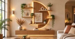 Empty wall decor ideas featuring a warm neutral living room with minimalist shelves and plants.
