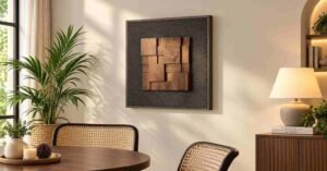 Minimalist Wall Decor Ideas with textured wood art, neutral tones, and natural elements for a warm dining room.