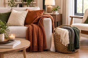 Winter Home Decor Ideas with cozy knit blankets, warm pillows, and a woven basket in a living room.