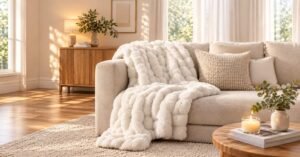 Winter Home Decor Ideas with cozy knit blankets, warm pillows, and a woven basket in a living room.