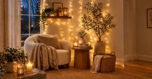 Cozy Winter Home Decor Ideas with warm string lights, a soft chair, candles, and woven baskets.