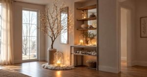 Winter Home Decor Ideas with glowing branches, candles, cozy shelves, and warm neutral accents.