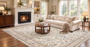 Winter Home Decor Ideas with a cozy fireplace, neutral sofa, warm wood accents, and a patterned rug.