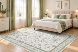 Winter Home Decor Ideas with a bright bedroom, soft green accents, cozy bedding, and a floral area rug.