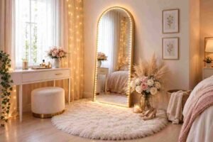 Winter Home Decor Ideas with soft blankets, warm string lights, flowers, and a cozy bedroom.