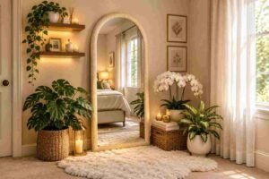 Winter Home Decor Ideas with plants, a cozy rug, warm candles, and a large arched mirror.