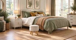 Winter Home Decor Ideas with sage green bedding, warm throws, natural textures, and leafy accents.