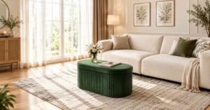 Winter Home Decor Ideas with a cream sofa, green ottoman, cozy throw, and natural accents.