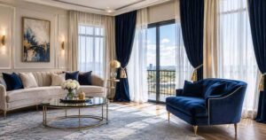 Winter Home Decor Ideas with navy curtains, velvet seating, a cream sofa, and elegant gold accents.