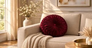Winter Home Decor Ideas with a cozy cream sofa, burgundy velvet pillow, knit throw, and warm candlelight.