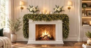 Winter Home Decor Ideas featuring a cozy fireplace with lush greenery, candles, and warm ambient lighting.