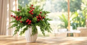 Winter Home Decor Ideas with a festive greenery arrangement, red berries, and a white vase on a wooden table.