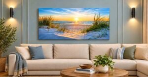 Winter Home Decor Ideas featuring a cozy beige sofa, blue accents, plants, and serene coastal wall art.