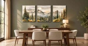 Winter Home Decor Ideas featuring a warm dining room, mountain artwork, wood furniture, and cozy neutral accents.