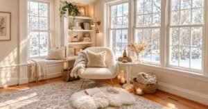 Cozy Winter Home Decor Ideas with a cream chair, warm candles, soft blankets, and snowy windows. 