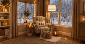 Cozy Winter Home Decor Ideas with a warm armchair, knitted blankets, candles, and snowy windows.