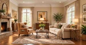 Cozy Living Room Layouts with a classic fireplace, balanced seating, and warm neutral decor.