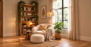Cozy Living Room Layouts featuring a cozy reading nook, natural textures, and warm wood accents.