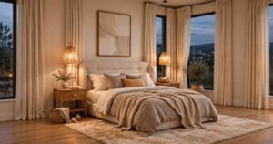 Boho Bedroom Ideas with a cozy neutral bed, soft lighting, and warm decor.