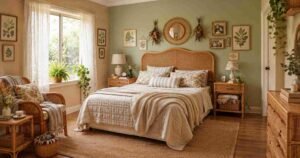 Boho Bedroom Ideas with rattan furniture, botanical decor, and cozy neutral bedding.
