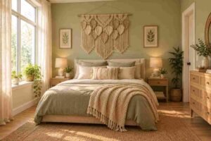Boho Bedroom Ideas with macramé wall decor, plants, and cozy neutral bedding.