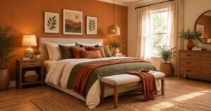 Terracotta and olive layered bedding showcase cozy Boho Bedroom Ideas with rattan pendant lighting