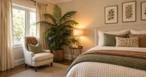 Cozy reading nook with lush greenery reflects timeless Boho Bedroom Ideas in soft neutral tones