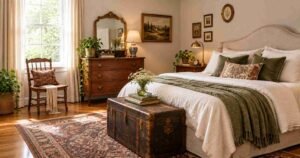 Vintage trunk and antique dresser add charming character to these classic Boho Bedroom Ideas