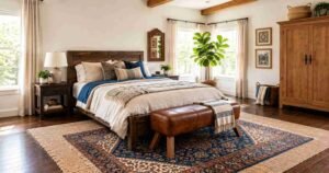 Carved wood bed and layered global rugs bring rustic charm to these Boho Bedroom Ideas