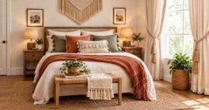 Macrame wall hanging and tasseled textiles define these dreamy Boho Bedroom Ideas