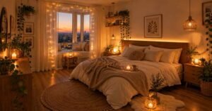 Twinkling string lights and candlelit ambiance elevate romantic Boho Bedroom Ideas at dusk