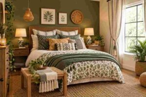 Woven rattan headboard and botanical prints anchor these lush green Boho Bedroom Ideas