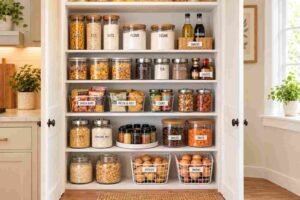 Neatly arranged pantry jars for Kitchen Organization.