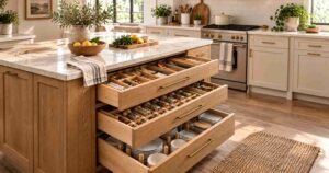 Modern kitchen with organized wooden drawers for smart Kitchen Organization.