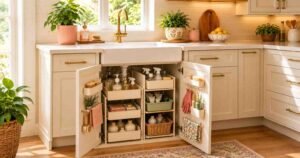 Under-sink Kitchen Organization with storage baskets.