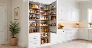 White pantry shelves with organized food containers.