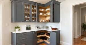 Corner cabinet with neatly stored cookware.