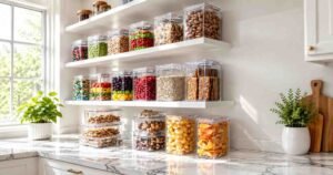 Kitchen Organization with clear pantry containers.