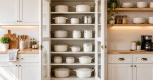 Organized kitchen cabinets with stacked cookware.
