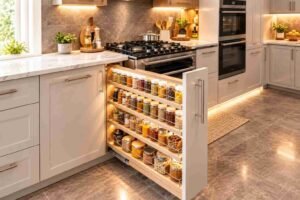 Pull-out spice rack for easy Kitchen Organization.