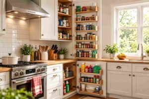 Kitchen Organization with built-in cabinet door racks for spices and cleaning essentials.