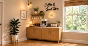 Wooden coffee station with organized kitchen essentials.