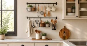 Kitchen Organization featuring hanging utensils and wall-mounted racks.