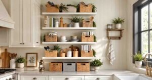Open kitchen shelves with woven baskets and organized storage.
