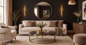 Black Accent Wall with a round mirror, warm lighting, and elegant neutral living room decor.
