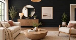 Black Accent Wall with a round mirror, warm wood furniture, and cozy neutral living room decor.