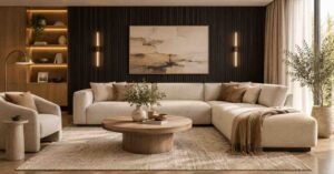 Black Accent Wall in a warm, modern living room with neutral furniture and natural decor.